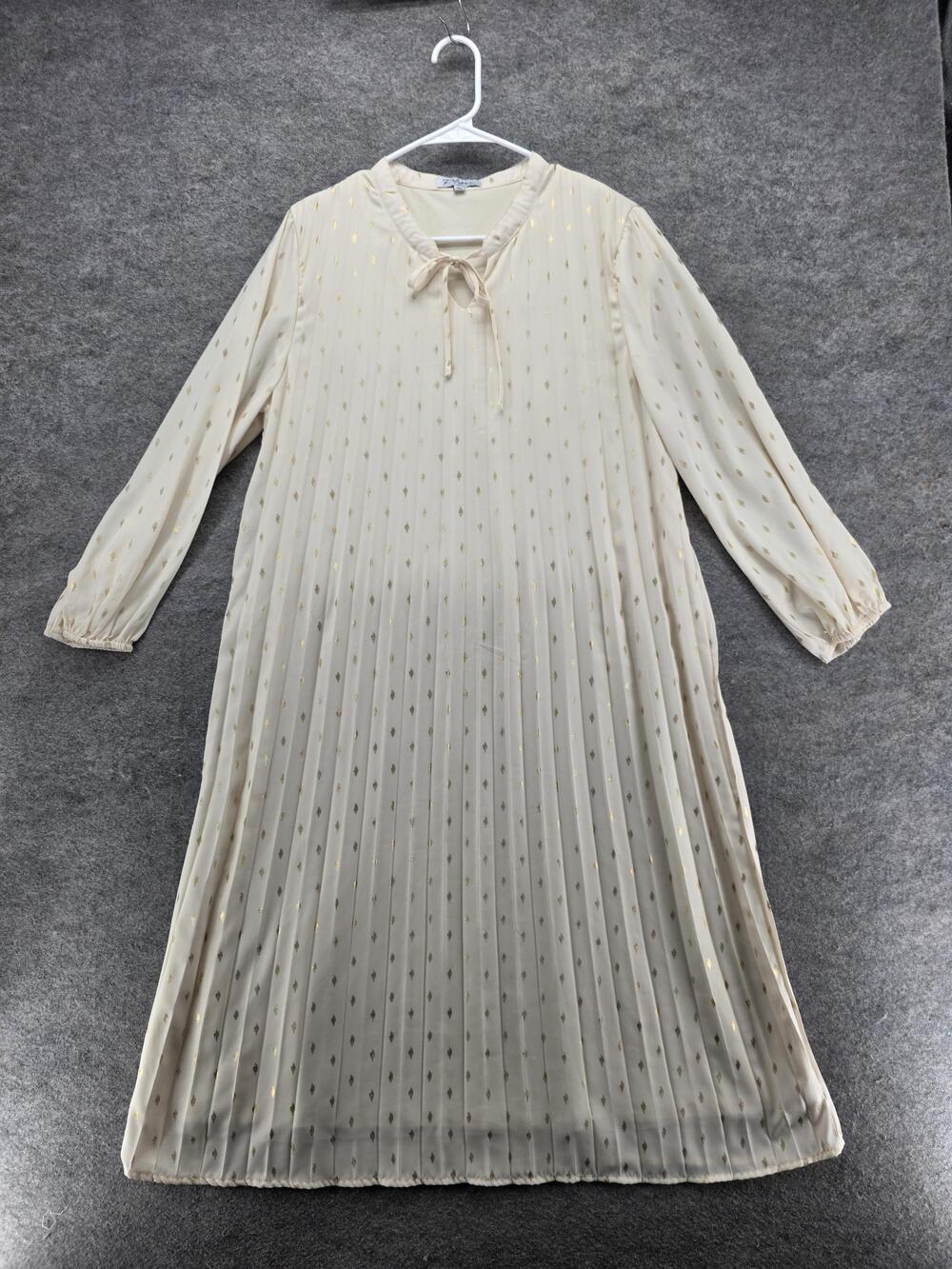 Polagram Dress Womens Large White Pleated Chiffon Swing Midi Long Sleeve Boho